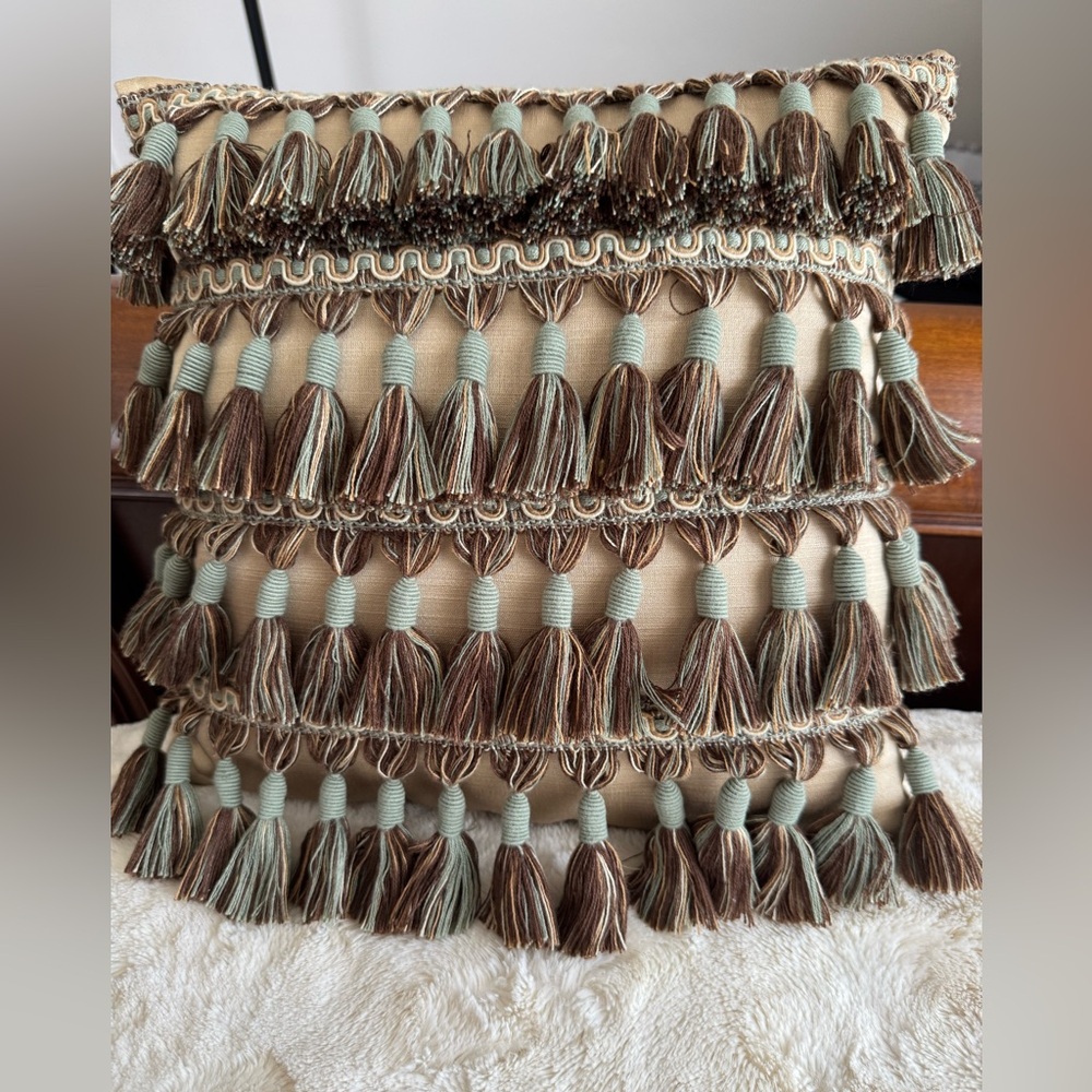 Elegant Tassel Throw Pillow in Brown, light blue and Tan. 12 x 12”